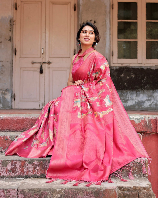 Regal Pink Banarasi Silk Saree with Zari Weave and Intricate Tassels BANARASI PRINTED
