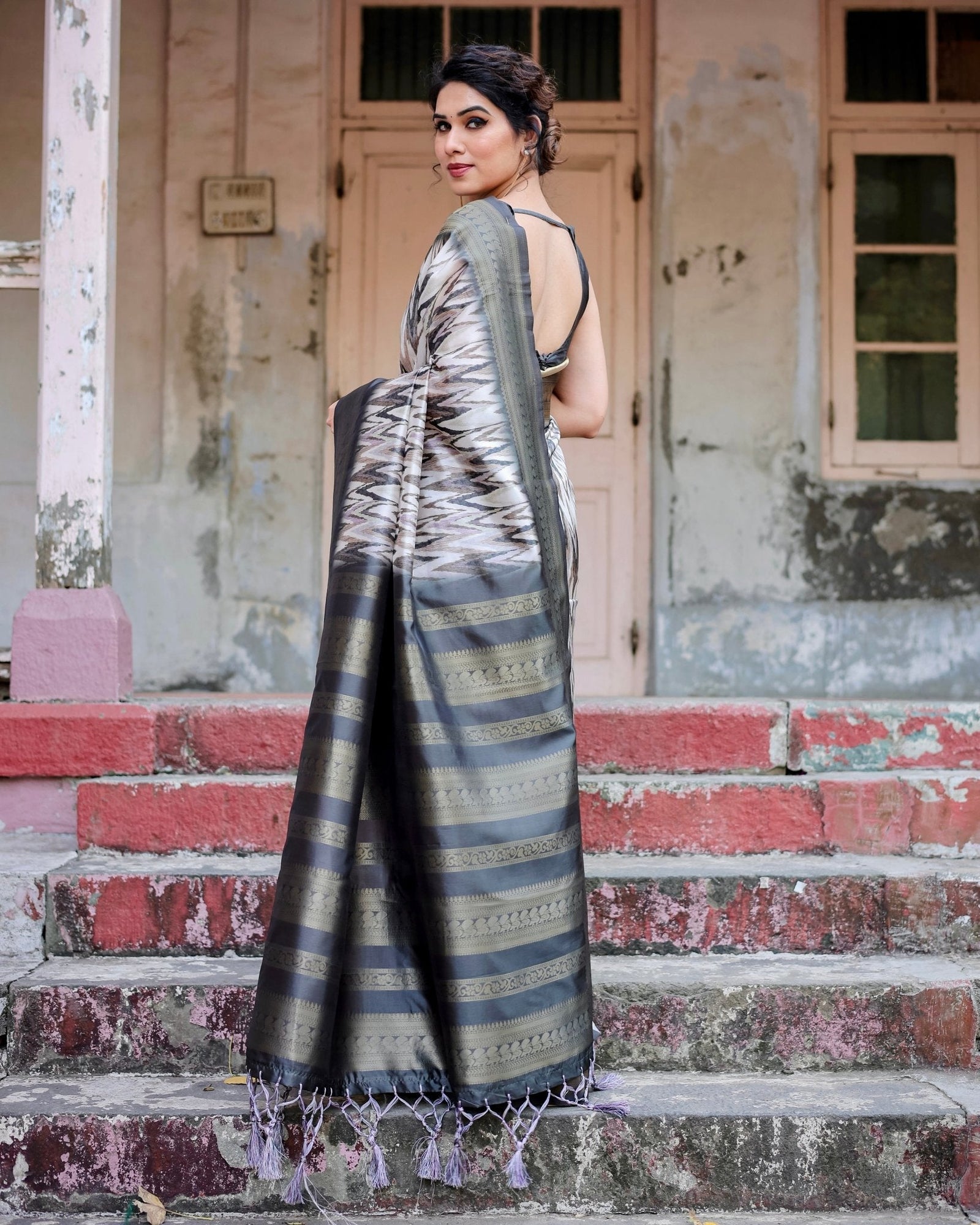 Elegant Banarasi Silk Saree with Zari Weaving and Tassels in Shades of Grey and Black BANARASI PRINTED