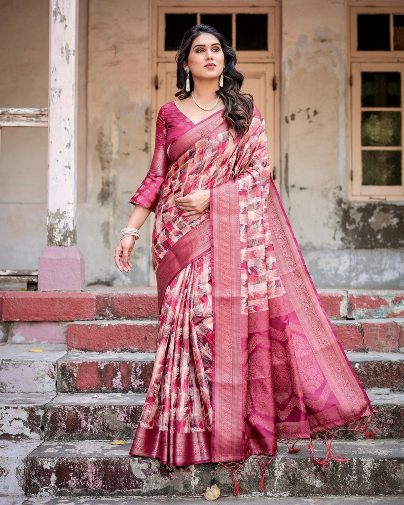 Pink and Maroon Abstract Digital Print Banarasi Silk Saree with Zari Weave and Tassel-Embellished Pallu BANARASI PRINTED