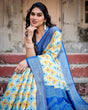Load image into Gallery viewer, Yellow and Blue Ikat Digital Print Banarasi Silk Saree with Zari Weave and Tassel-Embellished Pallu BANARASI PRINTED