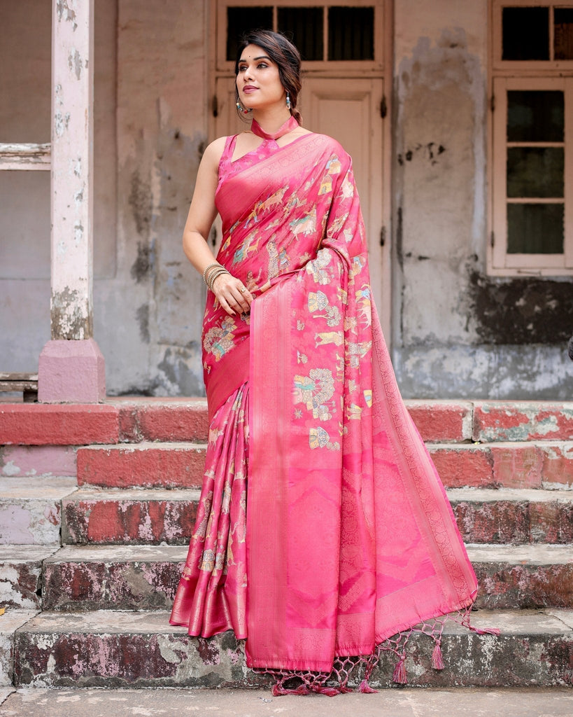 Regal Pink Banarasi Silk Saree with Zari Weave and Intricate Tassels BANARASI PRINTED