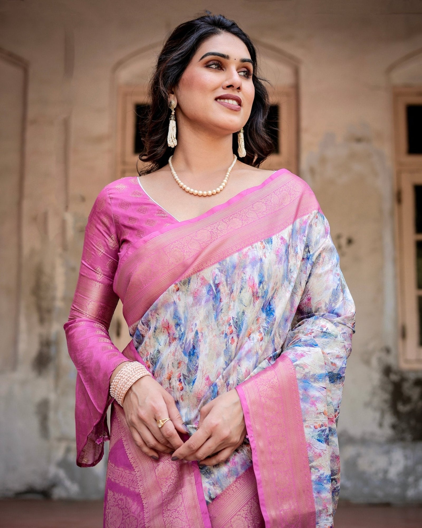 White and Pink Floral Digital Print Banarasi Silk Saree with Zari Weave and Tassel-Embellished Pallu BANARASI PRINTED