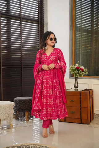 Pure Muslin Digital Print Anarkali Kurti Pant Dupatta Set Clothsvilla
