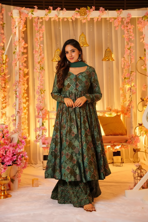 Pure Muslin Digital Print Anarkali Kurti Pant Dupatta Set Clothsvilla