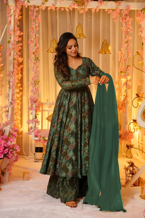 Pure Muslin Digital Print Anarkali Kurti Pant Dupatta Set Clothsvilla