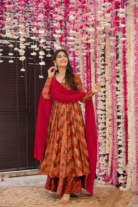 Pure Muslin Digital Print Anarkali Kurti Pant Dupatta Set Clothsvilla