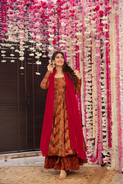 Pure Muslin Digital Print Anarkali Kurti Pant Dupatta Set Clothsvilla