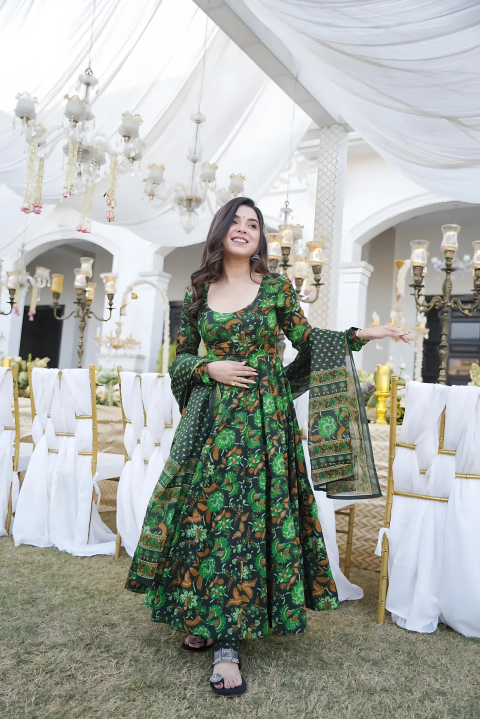 Pure Muslin Digital Print Anarkali Kurti Pant Dupatta Set Clothsvilla