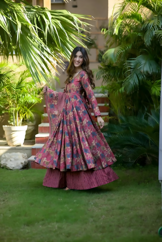 Pure Muslin Digital Print Anarkali Kurti Pant Dupatta Set Clothsvilla