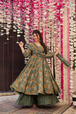 Pure Muslin Digital Print Anarkali Kurti Pant Dupatta Set Clothsvilla