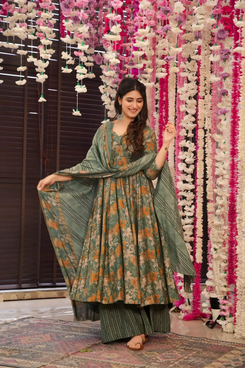 Pure Muslin Digital Print Anarkali Kurti Pant Dupatta Set Clothsvilla
