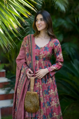 Pure Muslin Digital Print Anarkali Kurti Pant Dupatta Set Clothsvilla