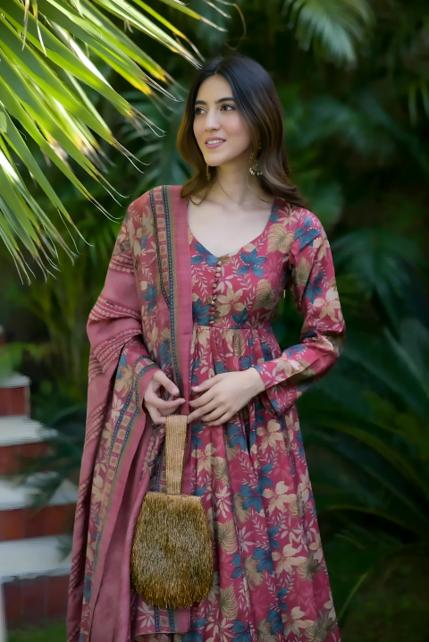 Pure Muslin Digital Print Anarkali Kurti Pant Dupatta Set Clothsvilla