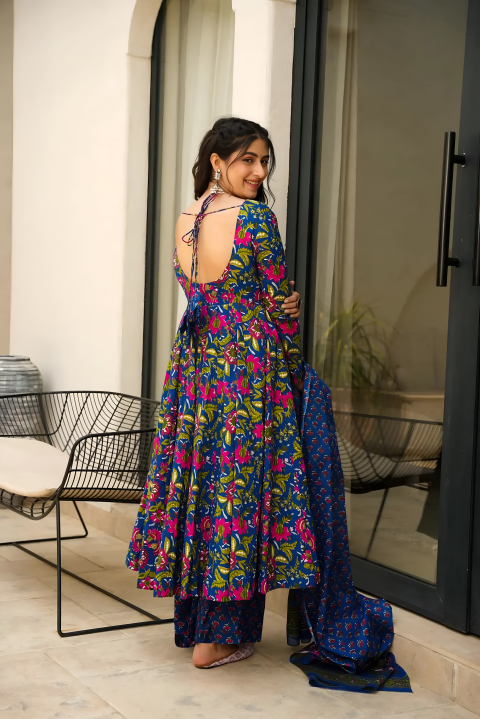 Pure Muslin Digital Print Anarkali Kurti Pant Dupatta Set Clothsvilla