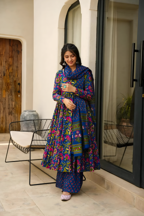 Pure Muslin Digital Print Anarkali Kurti Pant Dupatta Set Clothsvilla