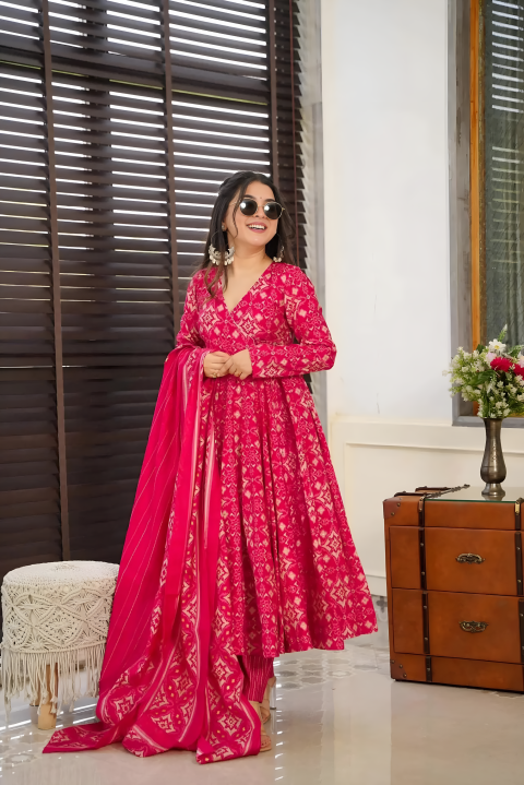 Pure Muslin Digital Print Anarkali Kurti Pant Dupatta Set Clothsvilla