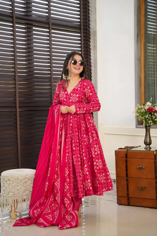 Pure Muslin Digital Print Anarkali Kurti Pant Dupatta Set Clothsvilla