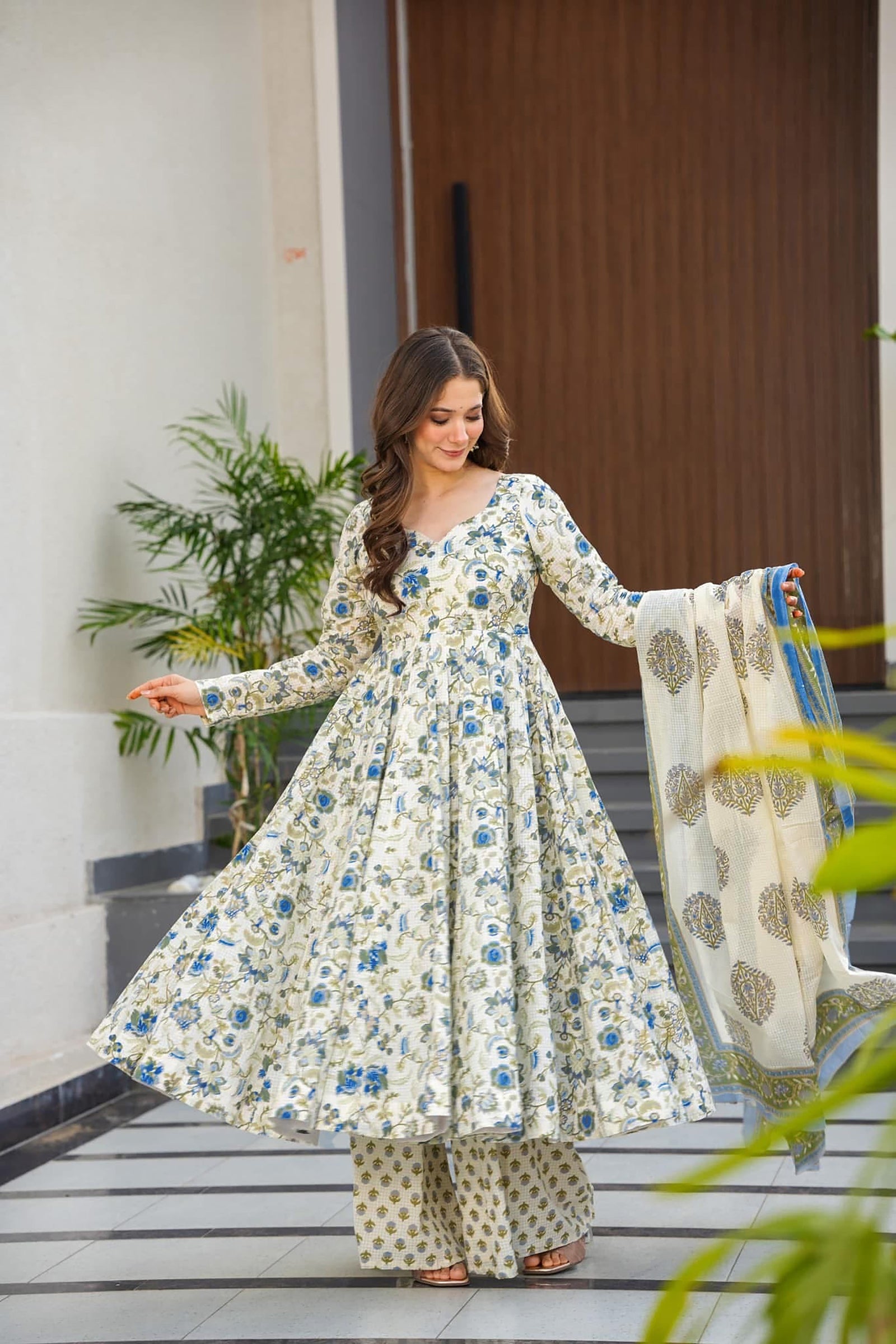 Pure Muslin Digital Print Anarkali Kurti Pant Dupatta Set Clothsvilla