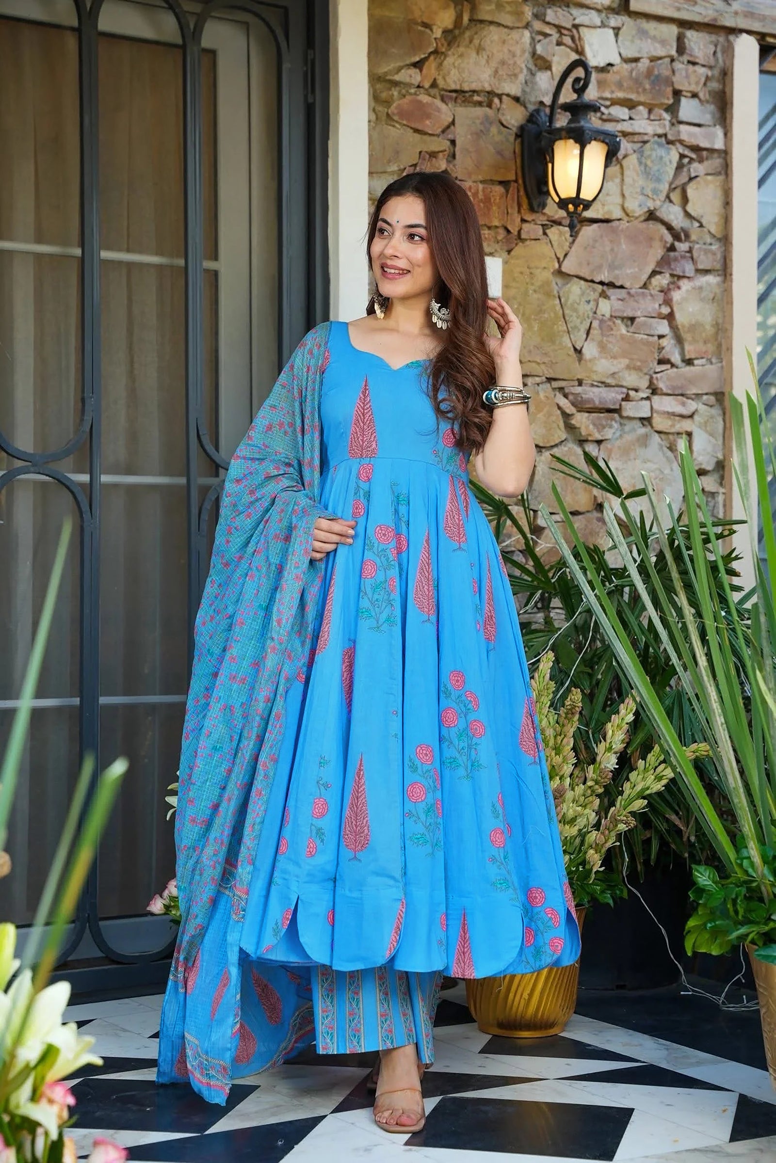 Pure Muslin Digital Print Anarkali Kurti Pant Dupatta Set Clothsvilla
