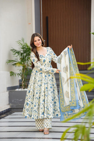 Pure Muslin Digital Print Anarkali Kurti Pant Dupatta Set Clothsvilla