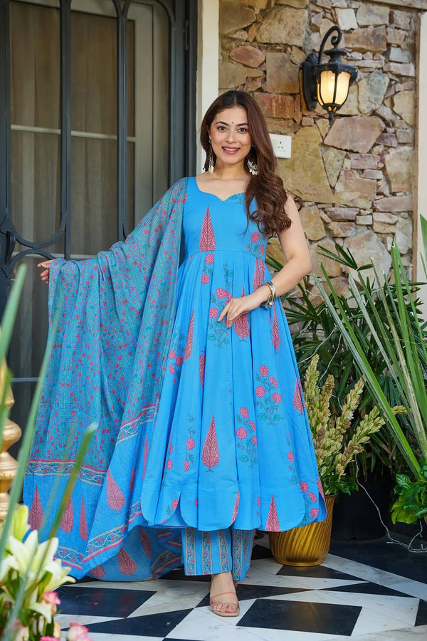 Pure Muslin Digital Print Anarkali Kurti Pant Dupatta Set Clothsvilla