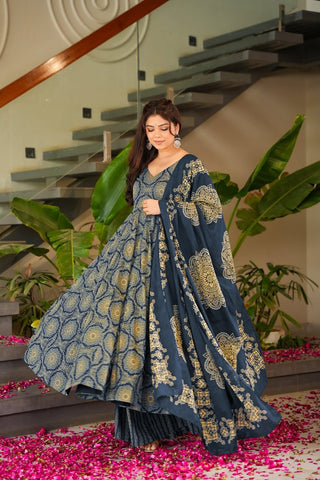 Pure Muslin Digital Print Anarkali Kurti Pant Dupatta Set Clothsvilla