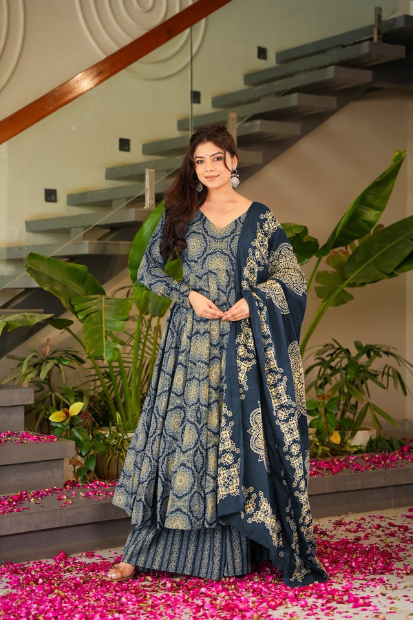 Pure Muslin Digital Print Anarkali Kurti Pant Dupatta Set Clothsvilla