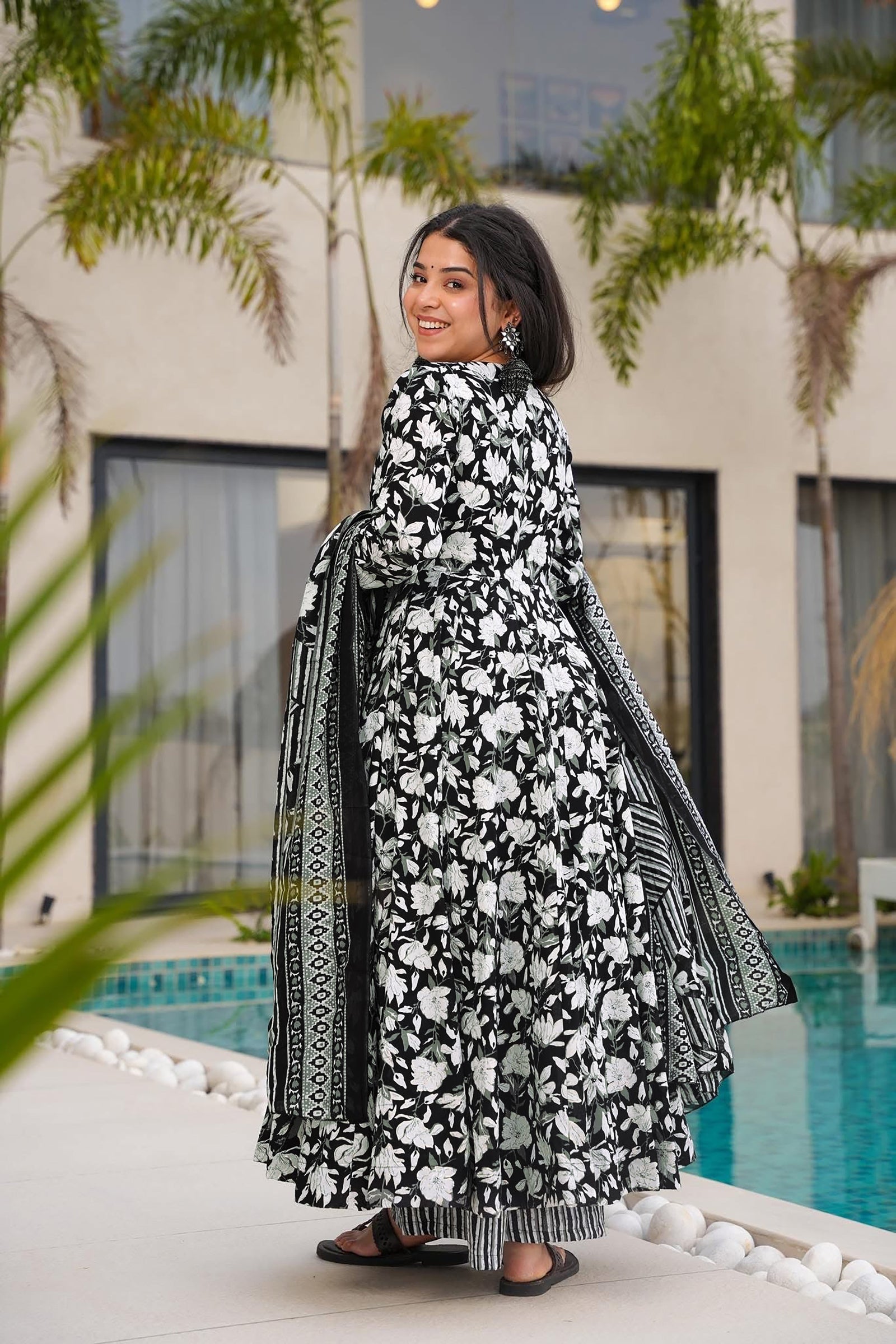 Pure Muslin Digital Print Anarkali Kurti Pant Dupatta Set Clothsvilla