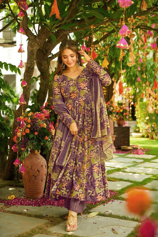 Pure Muslin Digital Print Anarkali Kurti Pant Dupatta Set Clothsvilla