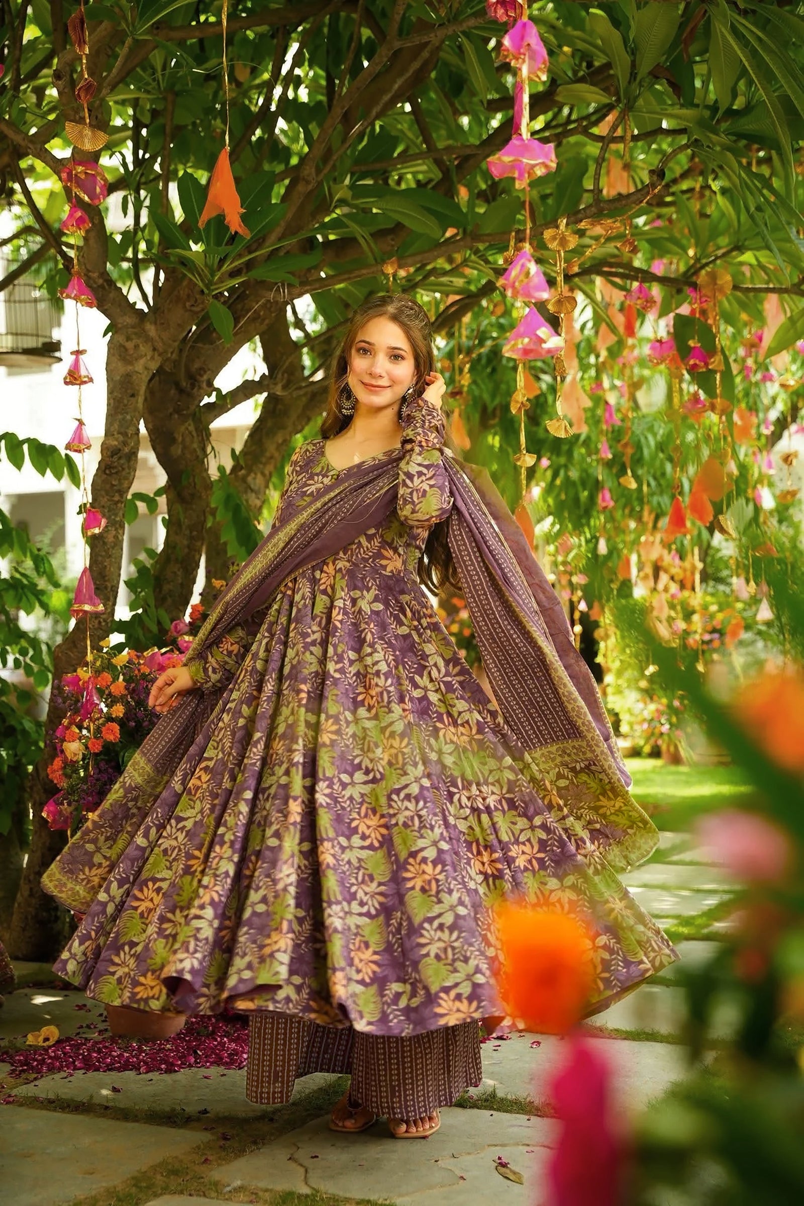 Pure Muslin Digital Print Anarkali Kurti Pant Dupatta Set Clothsvilla