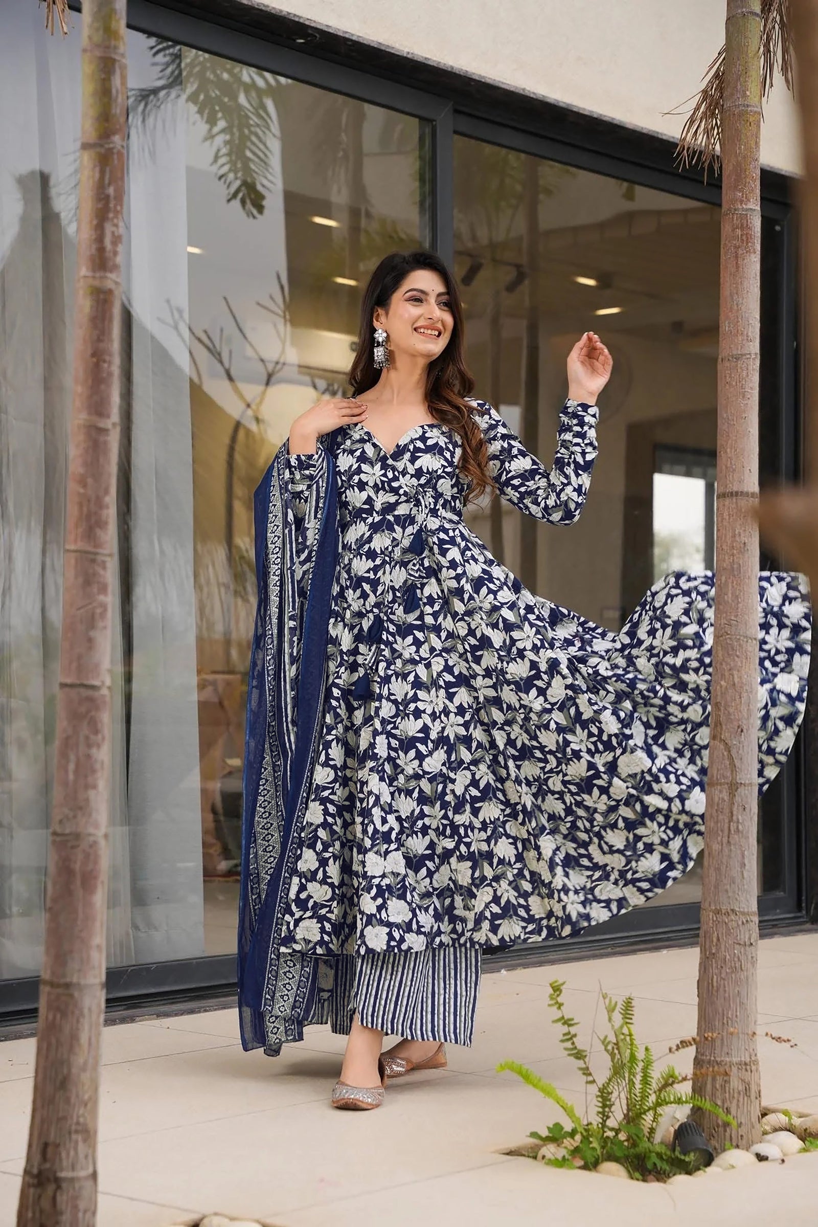 Pure Muslin Digital Print Anarkali Kurti Pant Dupatta Set Clothsvilla