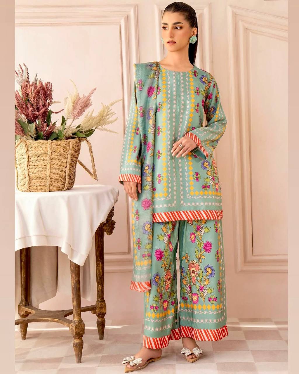 Pure Natural Crepe Digital Print Co-Ord Set with Printed Chiffon Georgette Dupatta Fully Stitched ClothsVilla Main image