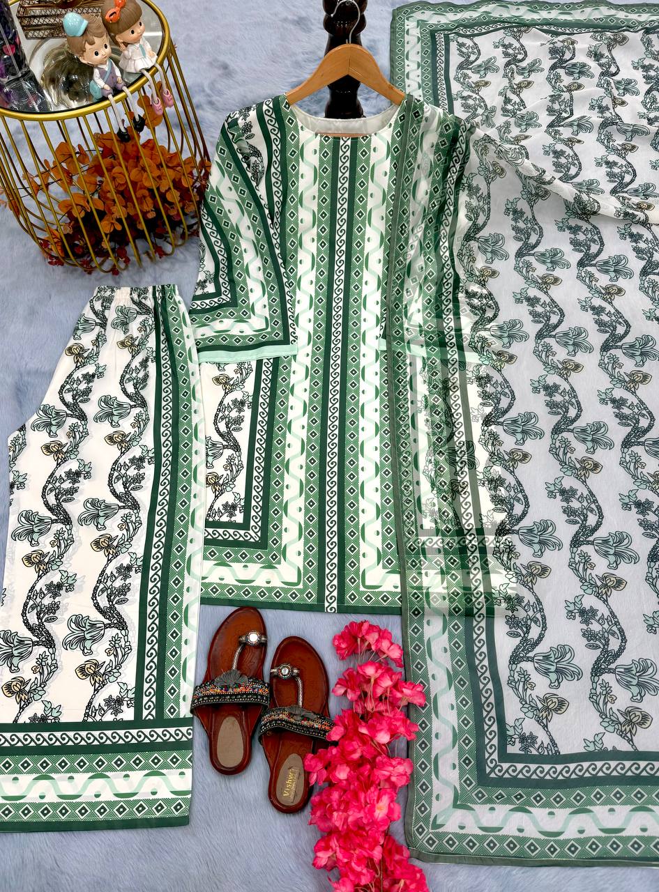 Pure Natural Crepe Digital Print Co-Ord Set with Printed Chiffon Georgette Dupatta Fully Stitched ClothsVilla