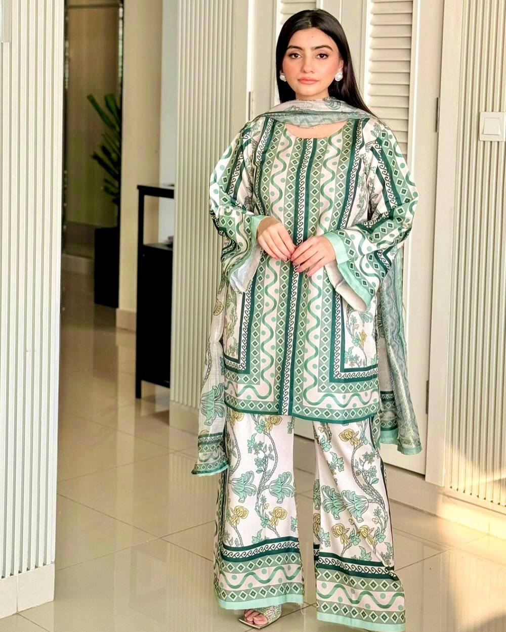 Pure Natural Crepe Digital Print Co-Ord Set with Printed Chiffon Georgette Dupatta Fully Stitched ClothsVilla Main image