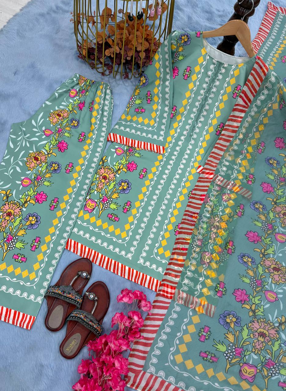 Pure Natural Crepe Digital Print Co-Ord Set with Printed Chiffon Georgette Dupatta Fully Stitched ClothsVilla
