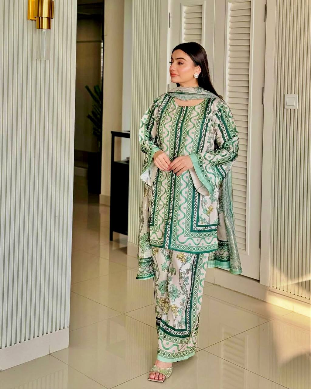 Pure Natural Crepe Digital Print Co-Ord Set with Printed Chiffon Georgette Dupatta Fully Stitched ClothsVilla