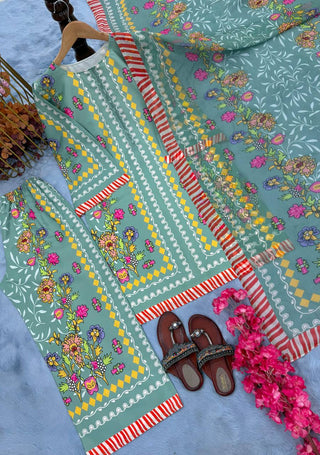 Pure Natural Crepe Digital Print Co-Ord Set with Printed Chiffon Georgette Dupatta Fully Stitched ClothsVilla