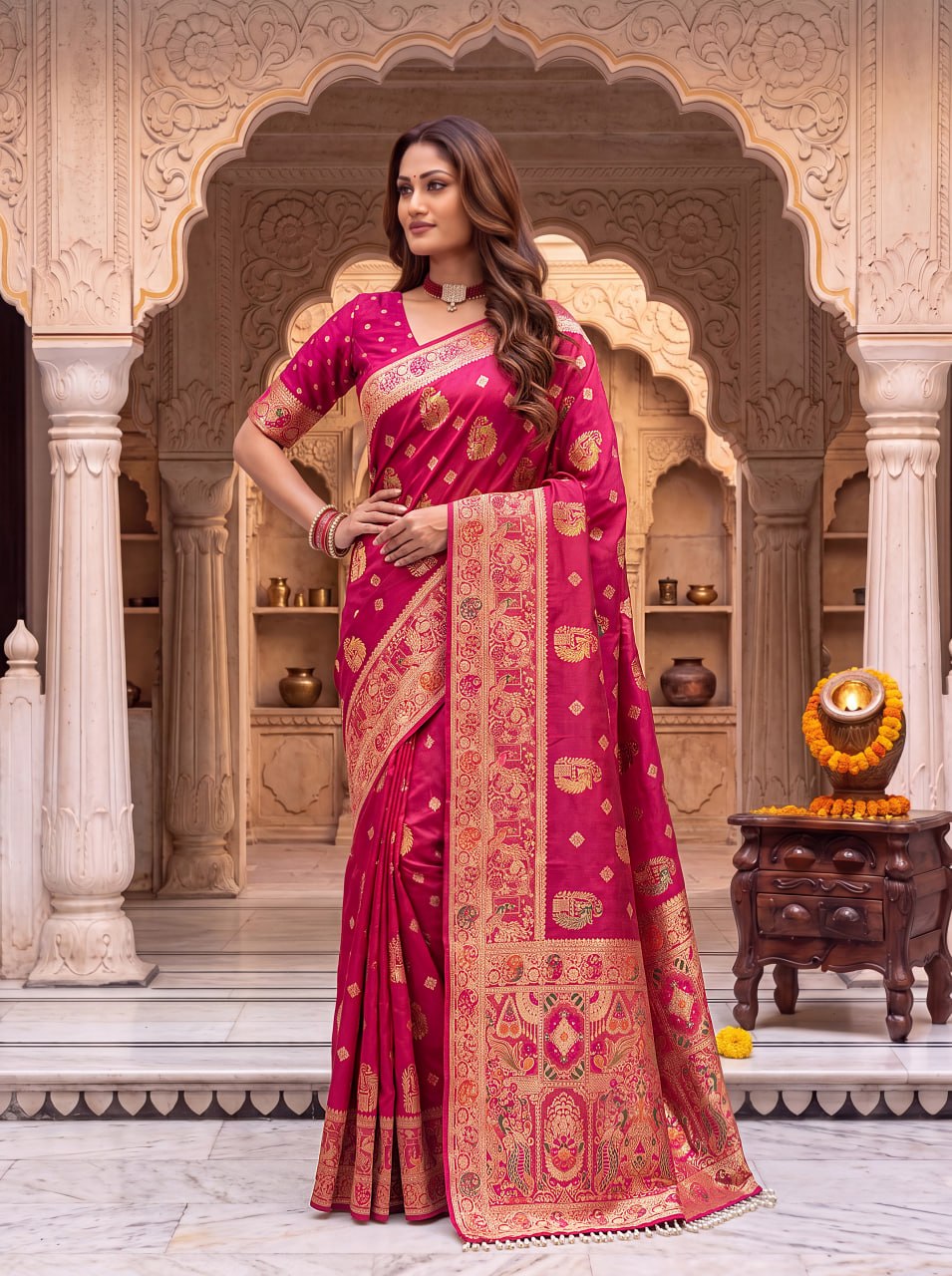 Pure Nylon Satin Saree with Zari Work ClothsVilla