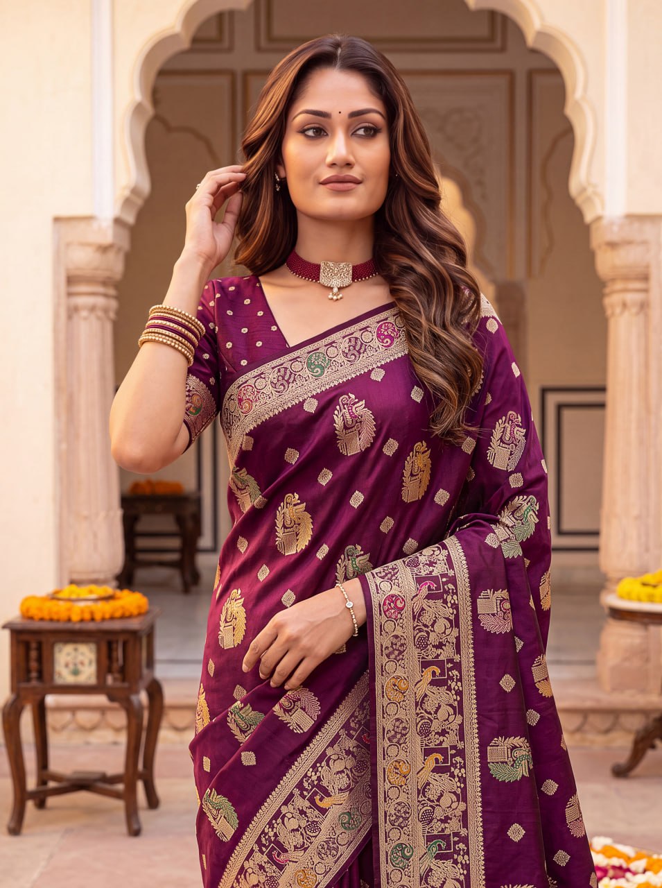 Pure Nylon Satin Saree with Zari Work ClothsVilla