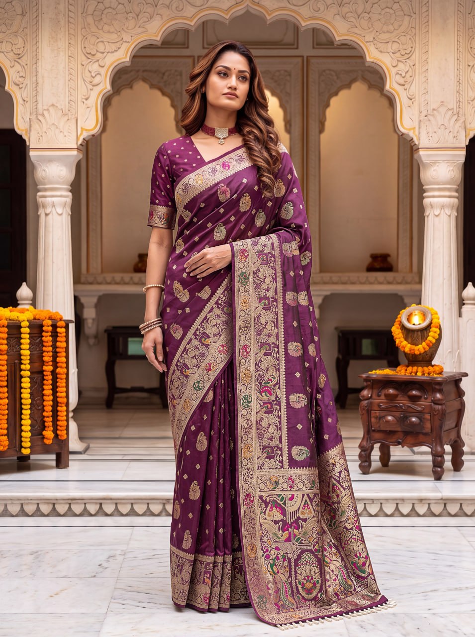 Pure Nylon Satin Saree with Zari Work ClothsVilla