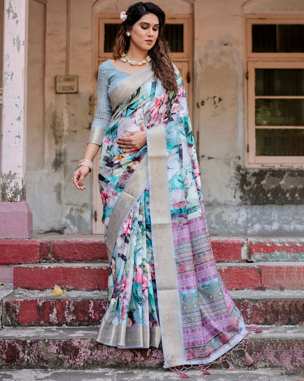 Graceful Floral Digital Print Saree with Gold Paisley Border and Multicolor Pallu DIGITAL PRINT
