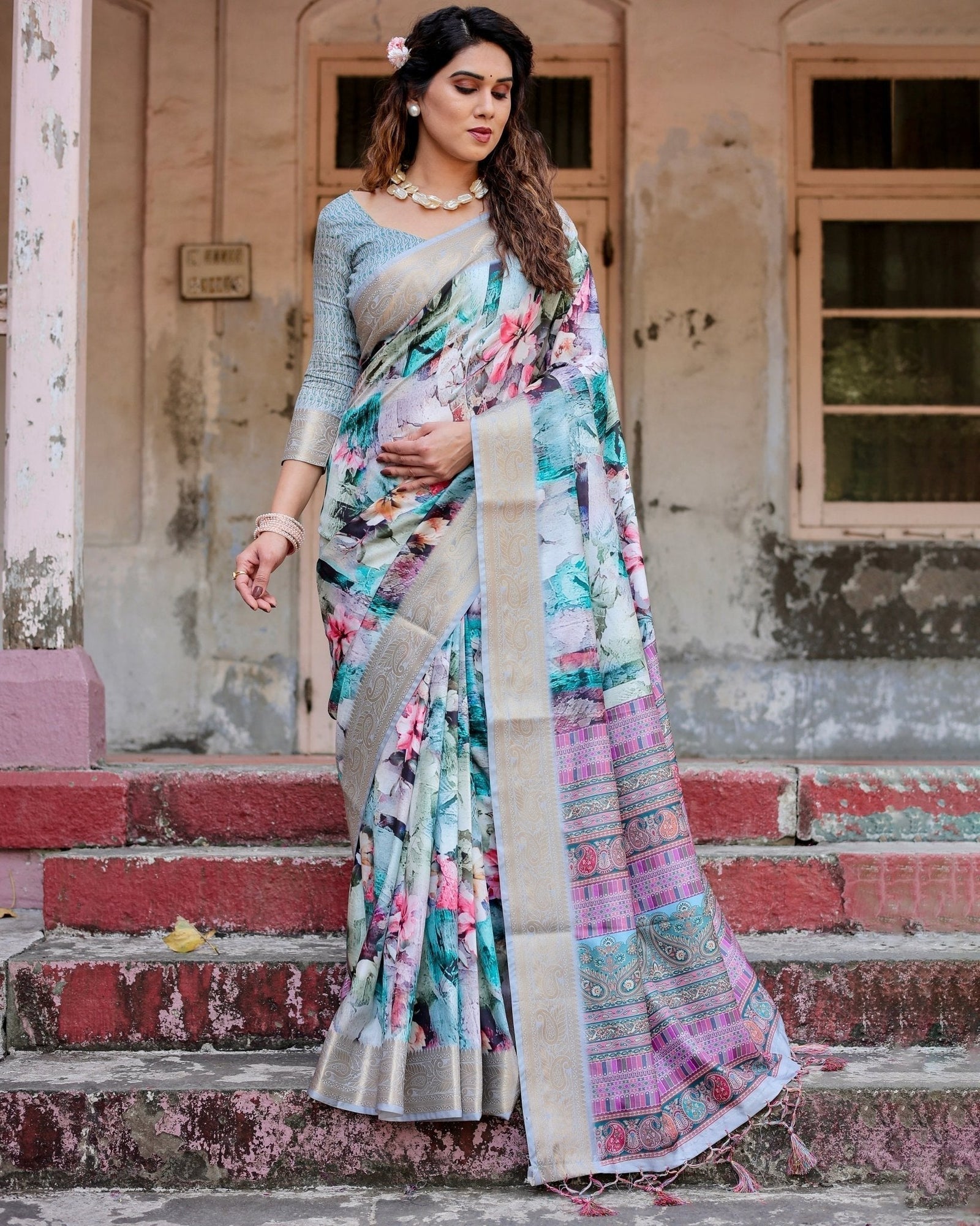 Graceful Floral Digital Print Saree with Gold Paisley Border and Multicolor Pallu DIGITAL PRINT