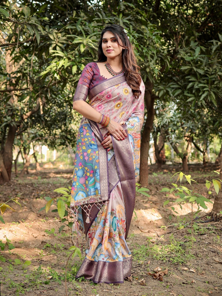 Pastel Beige Tussar Silk Saree with Vibrant Floral Motifs and Zari Border DIGITAL PRINT