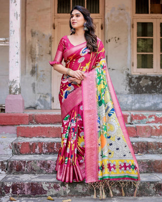 Magenta Tussar Silk Saree with Artistic Peacock & Floral Kalamkari Design DIGITAL PRINT