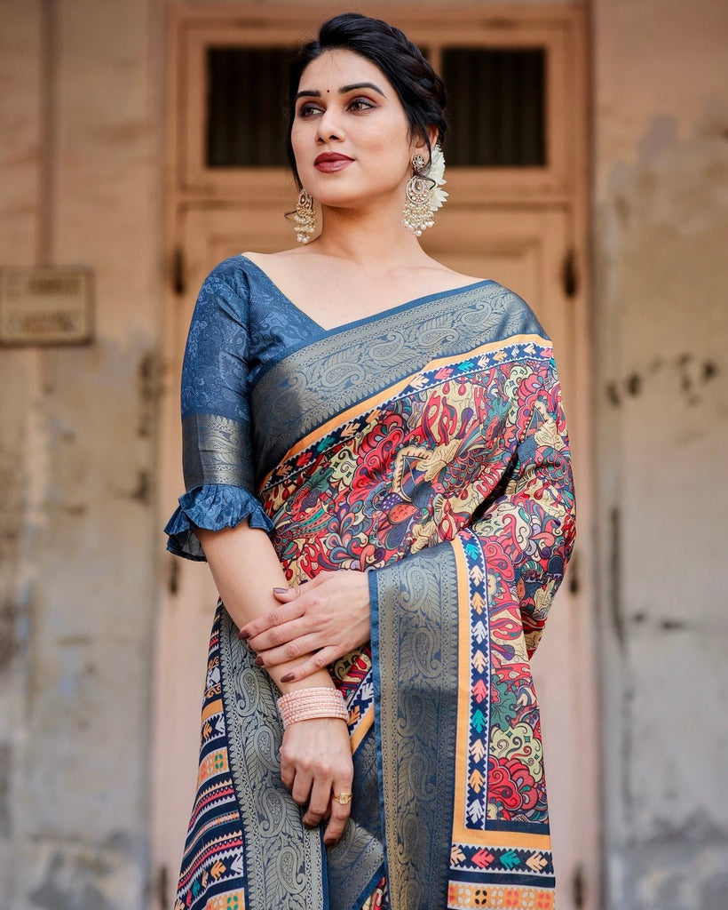Multicolor Tussar Silk Saree with Vibrant Floral Weaves and Striped Pallu DIGITAL PRINT