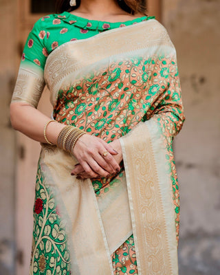 Emerald Green and Gold Tussar Silk Saree with Floral and Ornamental Motifs DIGITAL PRINT