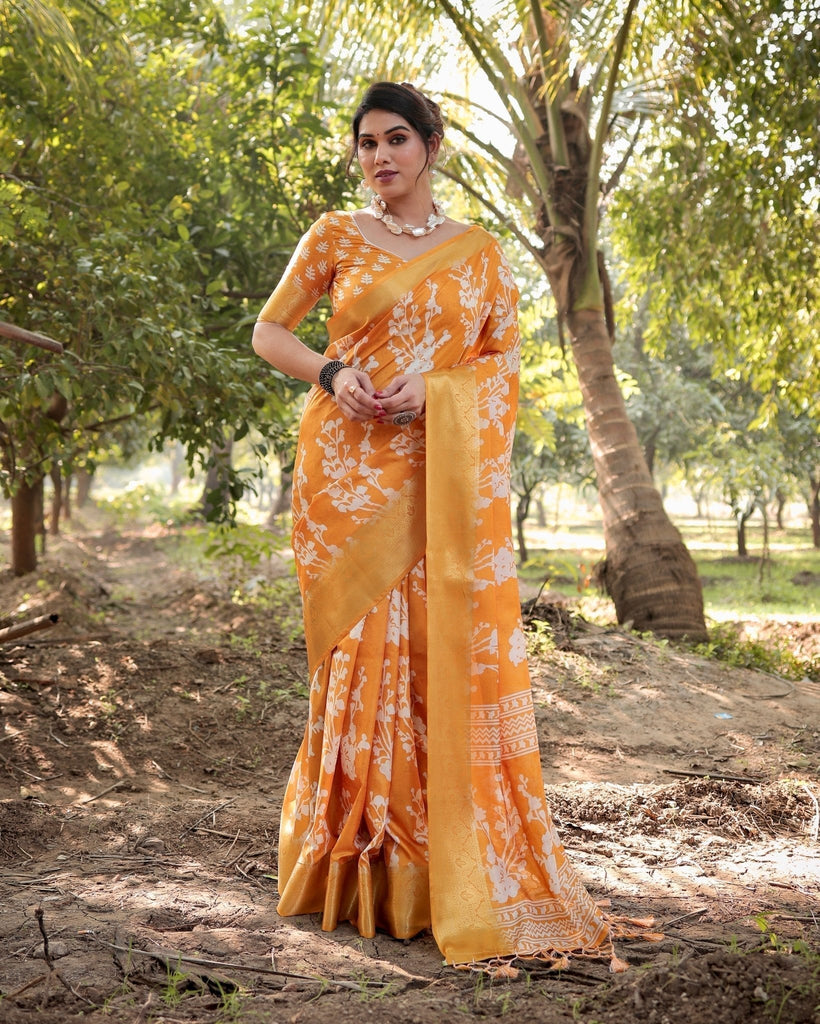 Sunshine Yellow Tussar Silk Saree with White Floral Motifs, Lustrous Zari Border, and Graceful Tassel Pallu DIGITAL PRINT