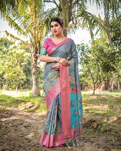Pastel Grey and Turquoise Digital Print Tussar Silk Saree with Pink Zari Border and Peacock Motif Pallu DIGITAL PRINT