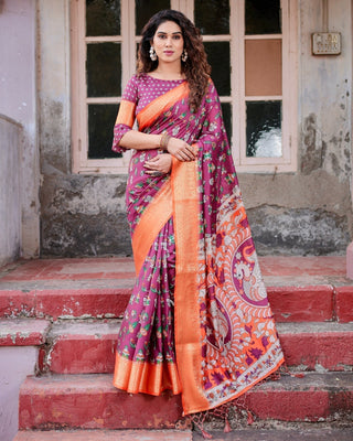 Wine Purple and Orange Tussar Silk Saree with Floral Motifs and Artistic Pallu DIGITAL PRINT