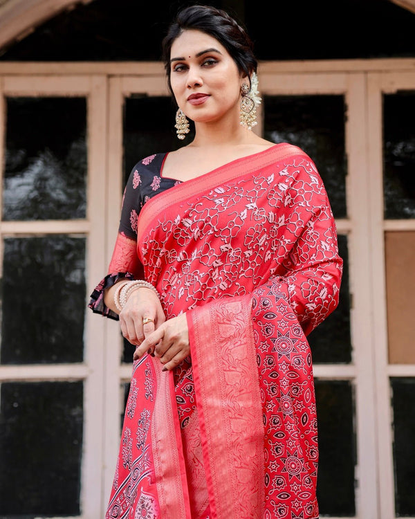 Fiery Red Tussar Silk Saree with Ornamental Motifs and Detailed Zari Pallu DIGITAL PRINT